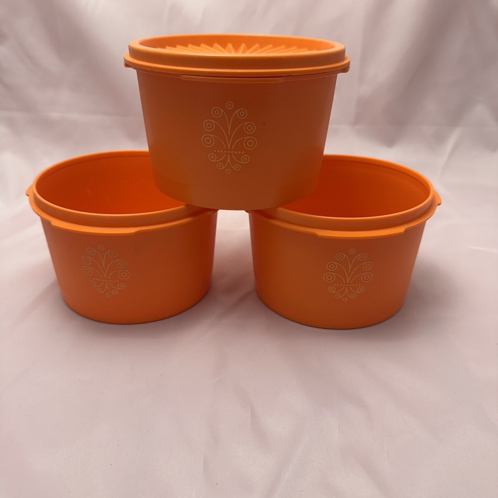 Tupperware VTG Orange Canister Set #1298 3pc w Lid Retro Kitchen